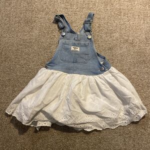 OshKosh B’gosh Toddler Girls Denim Overall Dress 4T Blue White Eyelet Skirt